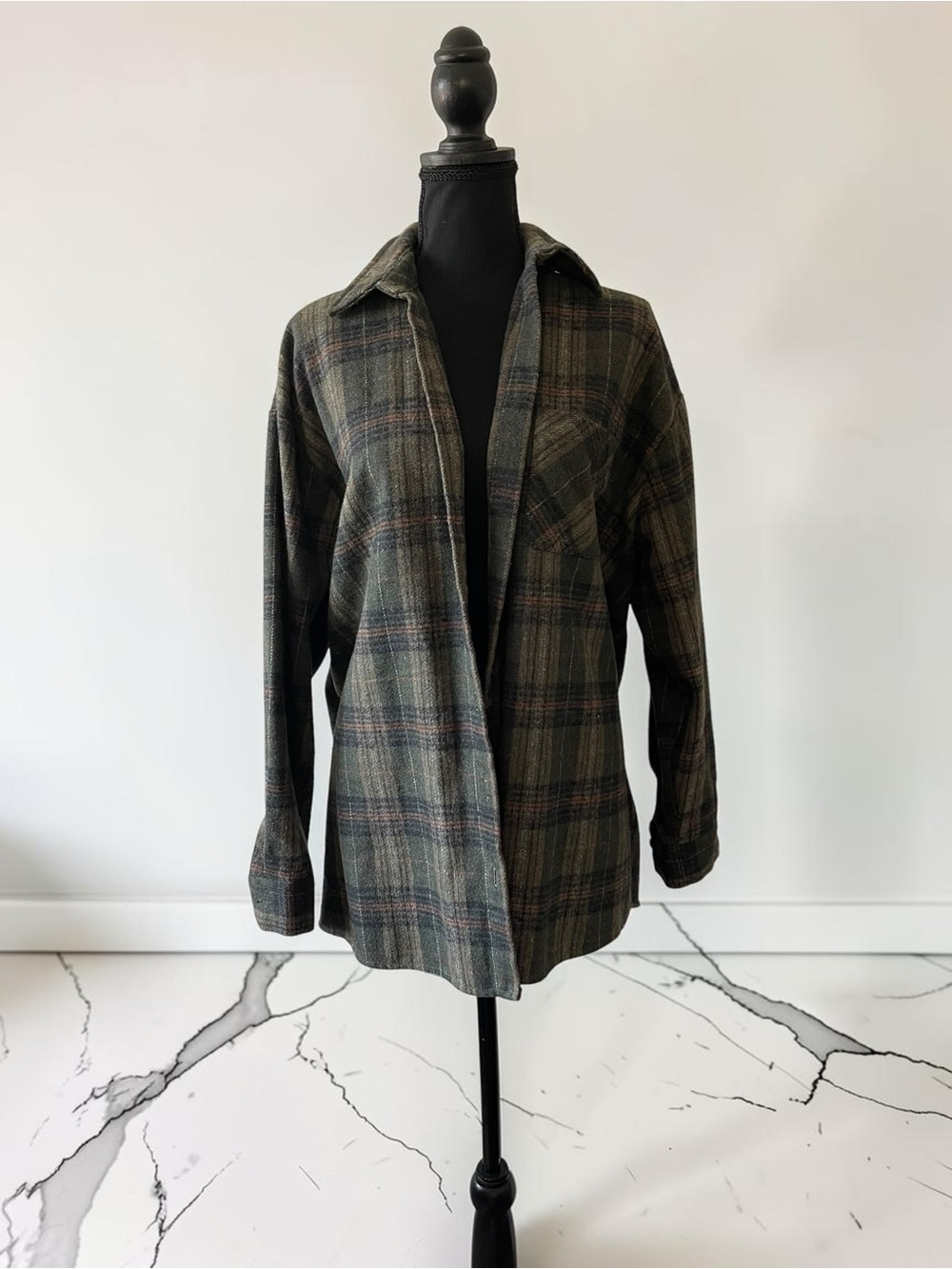 Audrey 3+1 Plaid Flannel Shirt S/M Green Brown Oversized Button Down Shacket - Picture 3 of 6